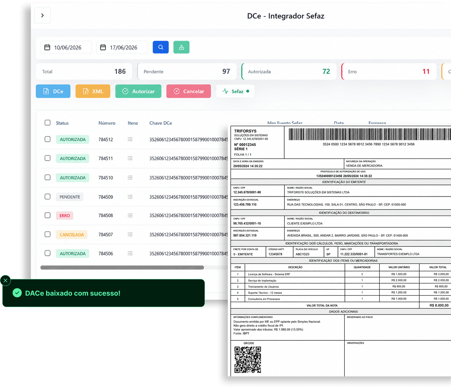 Tela da plataforma DC-e Triforsys